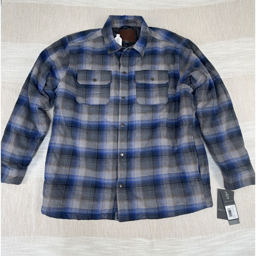 NWT Free Country Men's Quilted Lined Flannel Shacket XL Jacket Shirt Blue Plaid